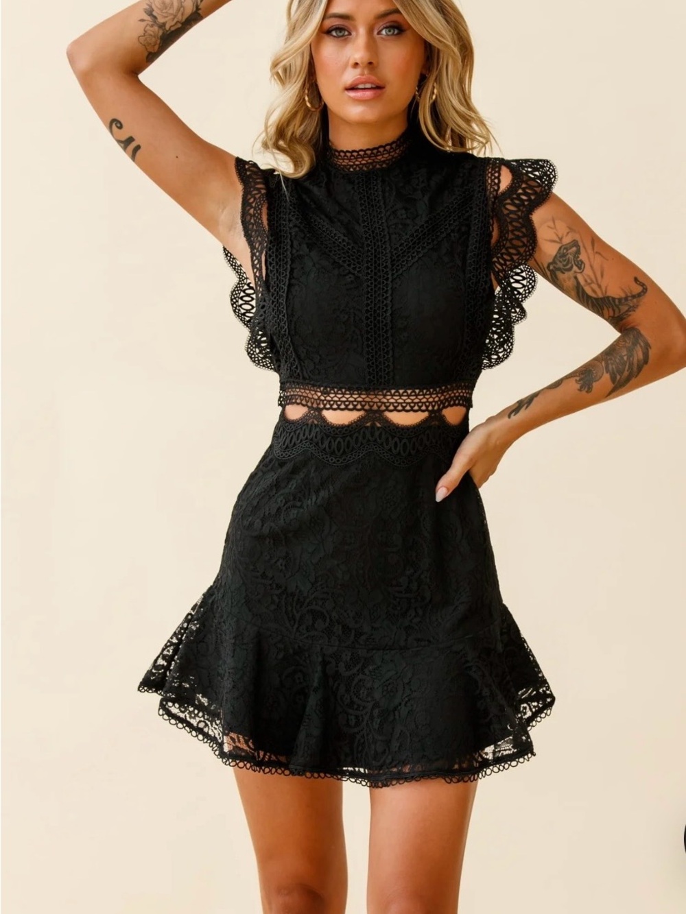 High-Neck Lace Cutout Mini Dress - Black